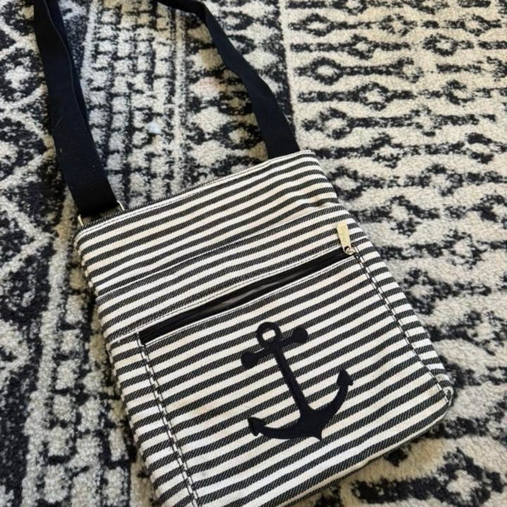 Thirty-One Black and White Striped Crossbody Bag